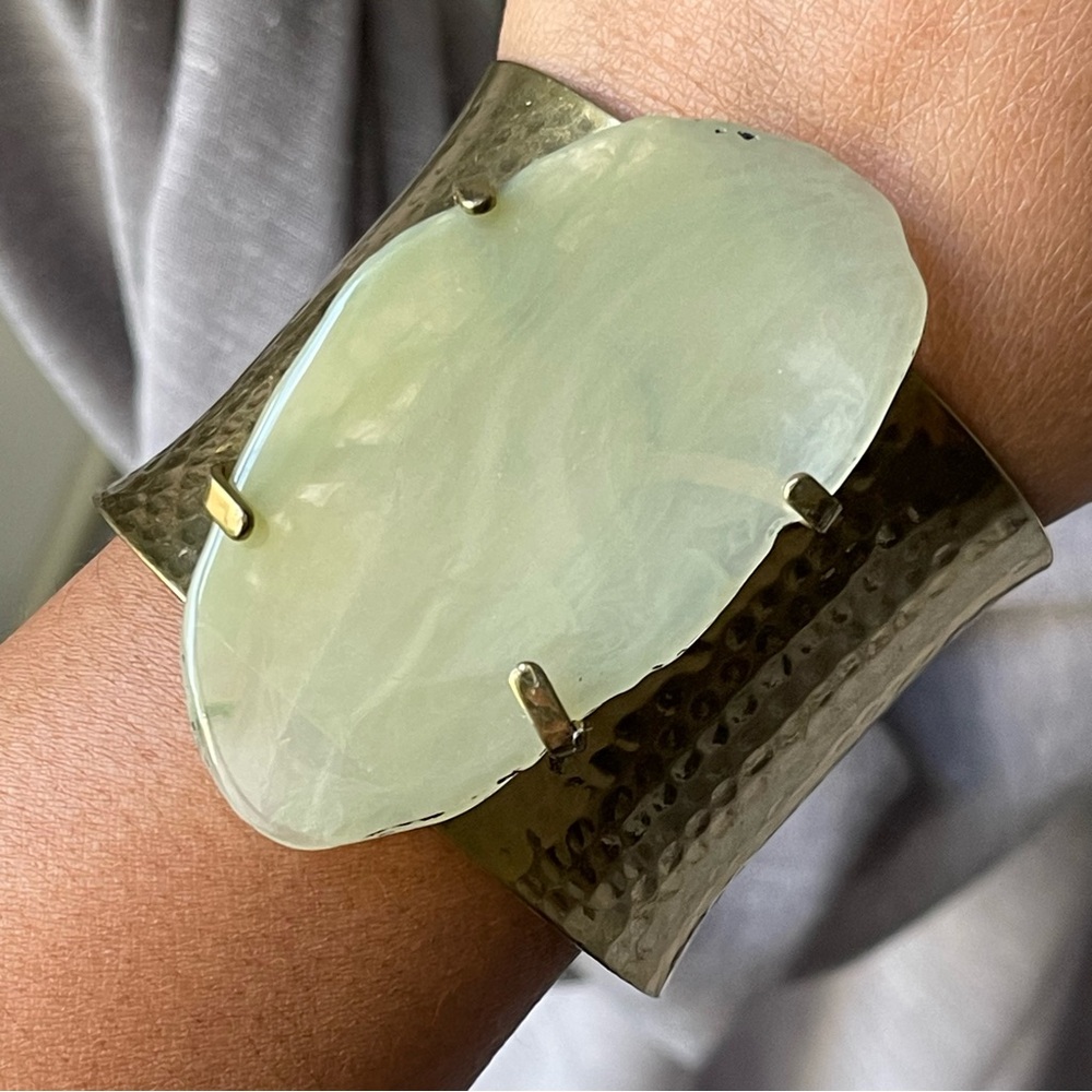 Hammered Brass Cuff Bracelet Adorned with Acrylic Pale Green Stone